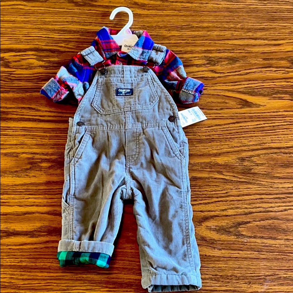 NWT Oshkosh overalls and plaid shirt. 6-9 months.